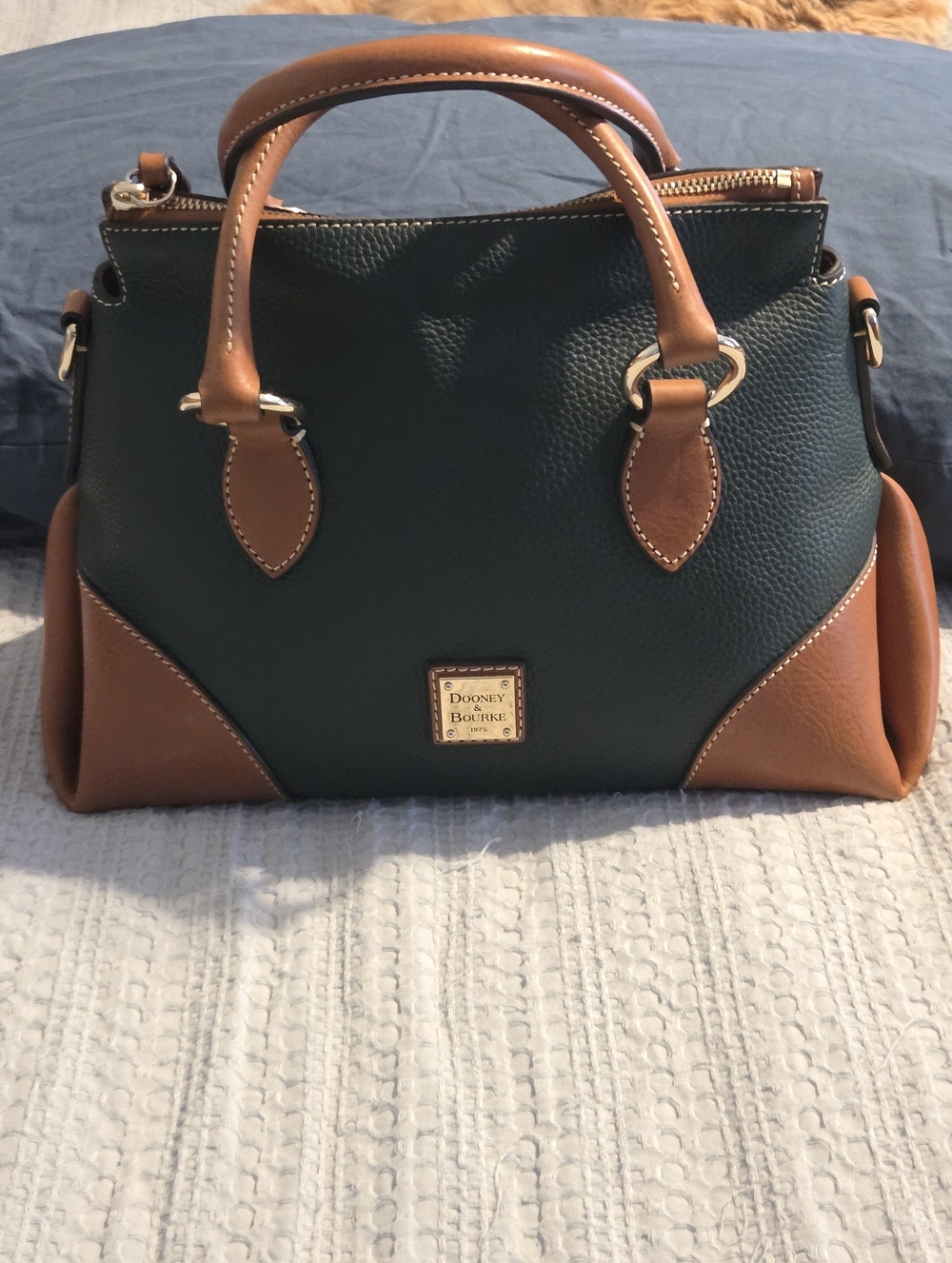 Dooney & Bourke Forest Green Pebbled Leather Satchel with Brown Trim
